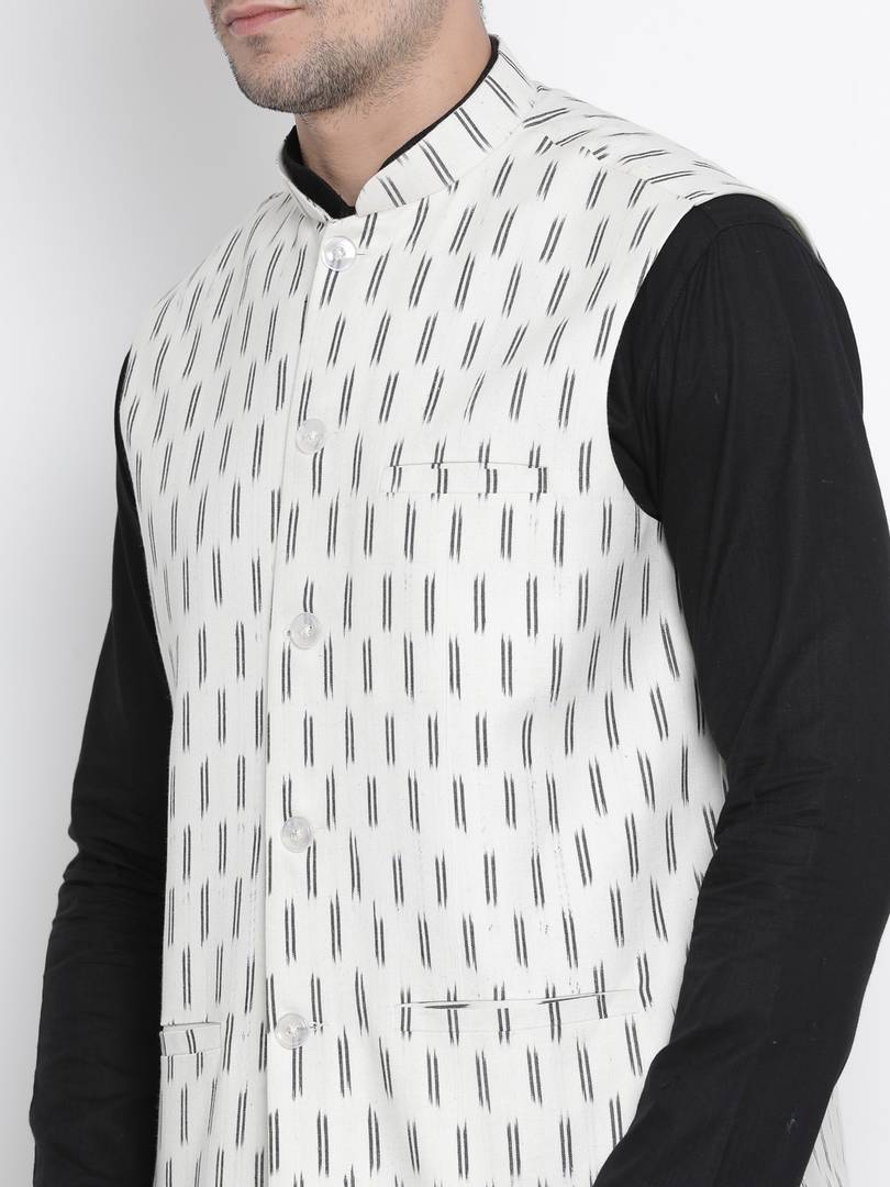 Men's White Cotton
 Woven Design Nehru Jackets